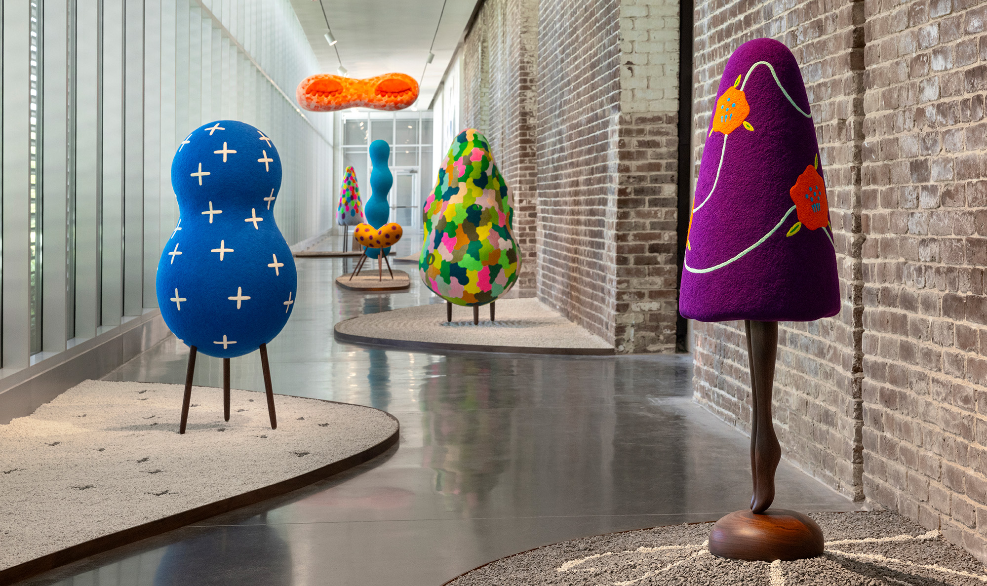 Masako Miki's felt sculptures in an exhibition styled as a Japanese zen garden.