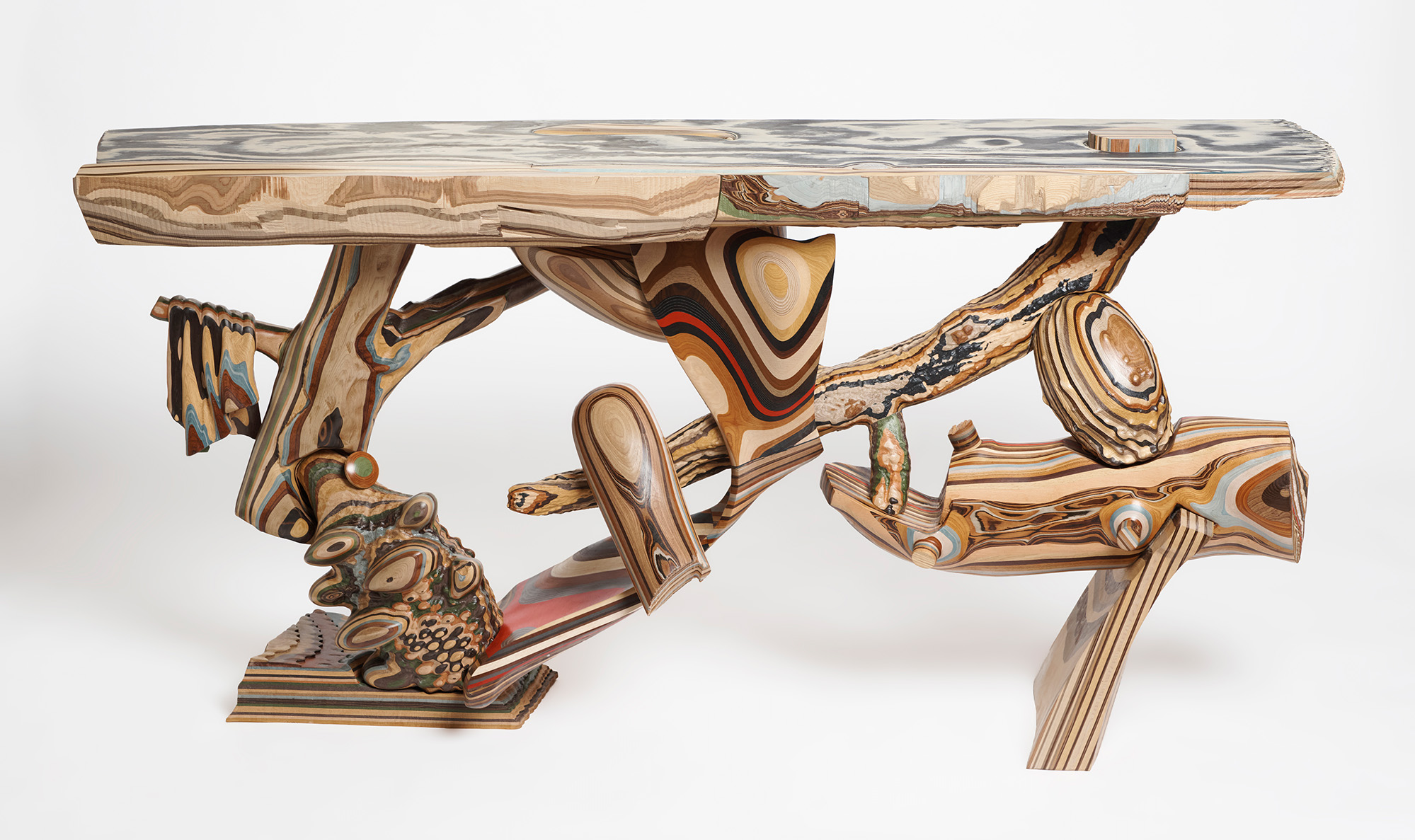 A plywood console table by Misha Kahn.
